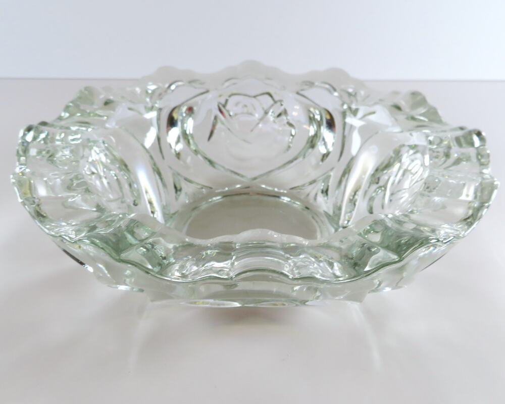 Vintage Pasari Indonesia Heavy Glass Ashtray Rose Pressed Clear Crystal 8 Inch